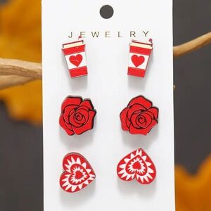 Red Rose and Heart Earrings Set